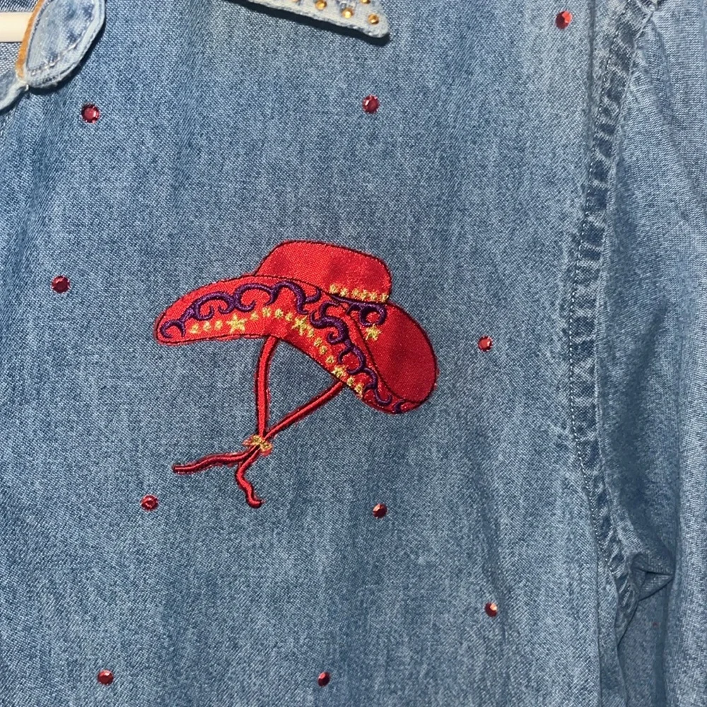 Cowboy Cote Jean Shirt embellished with Western Boots & Hat Women’s L - Picture 4 of 7